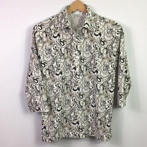 Leon Levin Blouse womens White‎ Black 4 buttons up 3/4 sleeves Polo Size M